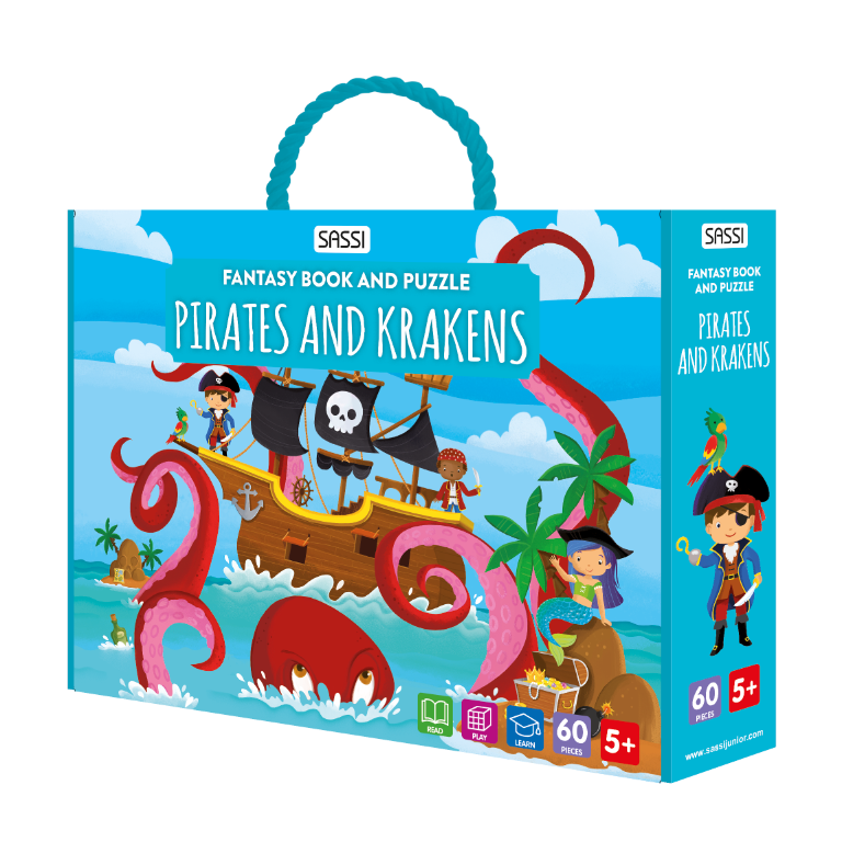 Fantasy book and puzzle. Pirates and Krakens